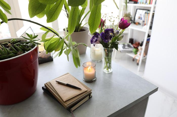 Candle on table with flowers and plant